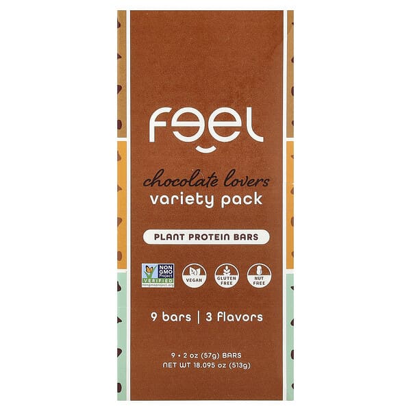 The Feel Bar, Plant Protein Bars, Variety Pack, Chocolate Lovers, 9 Bars, 2 oz (57 g) Each