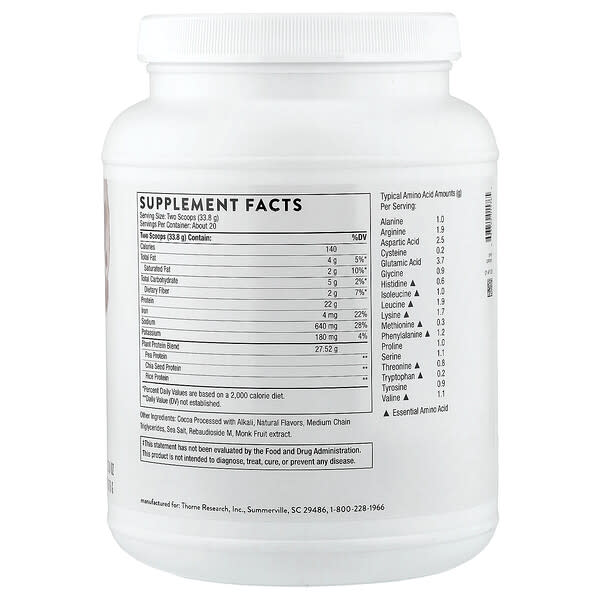 Alternative view of Thorne, Plant Protein, Chocolate, 1.49 lb (676 g)