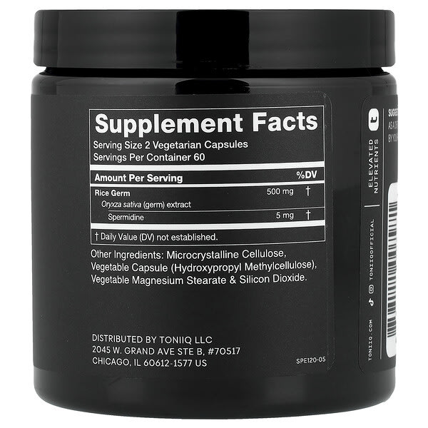 Alternative view of Toniiq, Spermidine, 120 Capsules, (2.5 mg per Capsule)