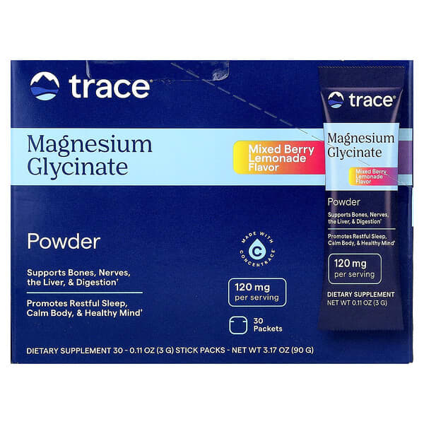 Trace, Magnesium Glycinate Powder, Mixed Berry Lemonade, 30 Stick Packs, 0.11 oz (3 g) Each 3 Trace, Magnesium Glycinate Powder, Mixed Berry Lemonade, 30 Stick Packs, 0.11 oz (3 g) Each