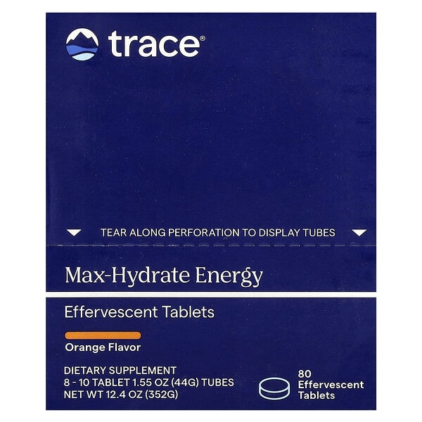 Trace, Max-Hydrate Energy Effervescent Tablets, Orange, 8 - 10 Tablet 1.55 oz (44 g) Tubes