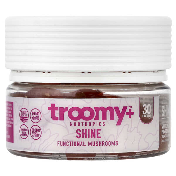 Troomy Nootropics, Shine, Functional Mushrooms Gummies, White Peach Pomegranate, 30 Gummies