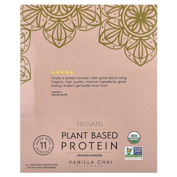Truvani, Plant Based Protein, Vanilla Chai, 10 Packs, 1.08 oz (30. 6 g) 2 Truvani, Plant Based Protein, Vanilla Chai, 10 Packs, 1.08 oz (30. 6 g)