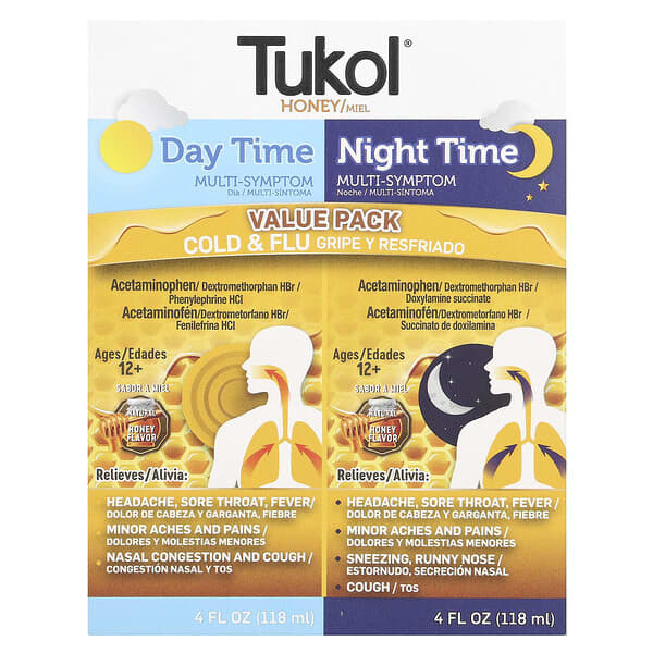 Tukol, Honey. Multi-Symptom Cold & Flu, Day Time & Night Time Value Pack, Ages 12+, Natural Honey, 2 Pack, 4 fl oz (118 ml) Each
