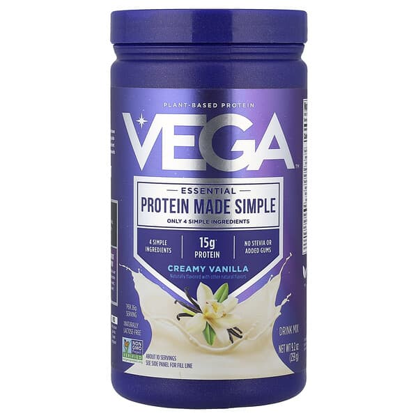 Vega, Essential Protein Made Simple, Plant-Based Protein, Creamy Vanilla, 9.2 oz (259 g)