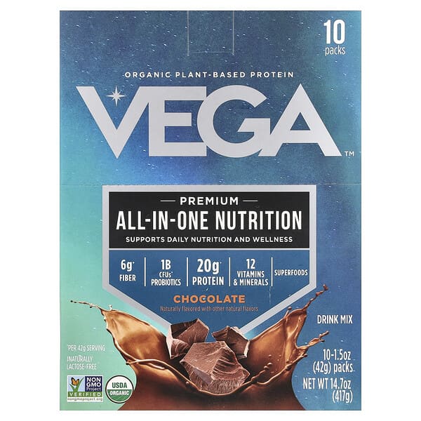 Vega, Organic Plant-Based Protein, Premium All-In-One Nutrition, Chocolate, 10 Packs, 1.5 oz (42 g) Each