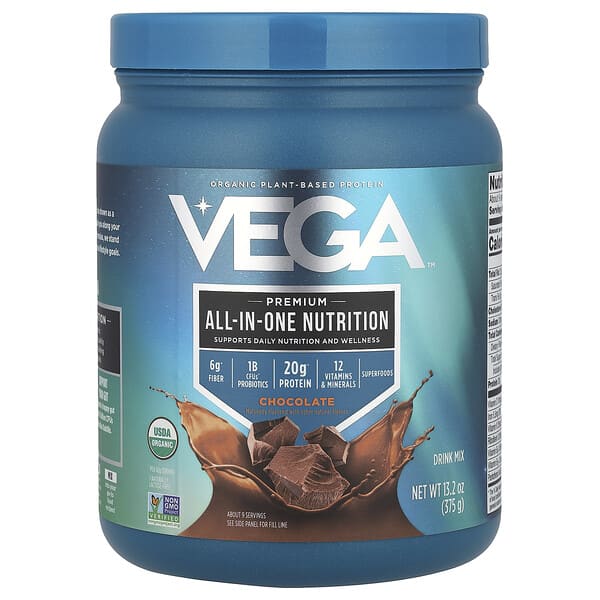 Vega, Organic Plant-Based Protein, Premium All-In-One Nutrition, Chocolate, 13.2 oz (375 g)