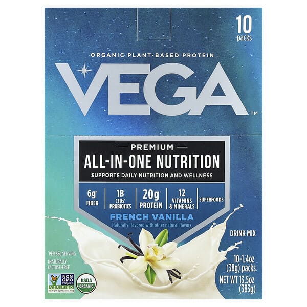 Vega, Organic Plant-Based Protein, Premium All-In-One Nutrition, French Vanilla, 10 Packs, 1.4 oz (38 g) Each