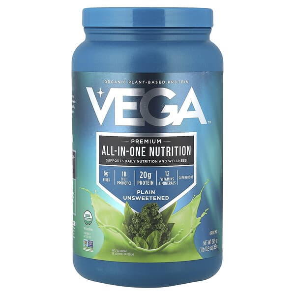 Vega, Organic Plant-Based Protein, Premium All-In-One Nutrition, Plain Unsweetened, 1 lb 10.9 oz (763 g)