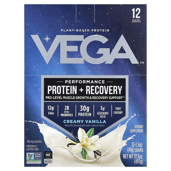 Vega, Plant-Based Protein, Performance Protein + Recovery, Creamy Vanilla, 12 Packs, 1.5 oz (41 g) Each
