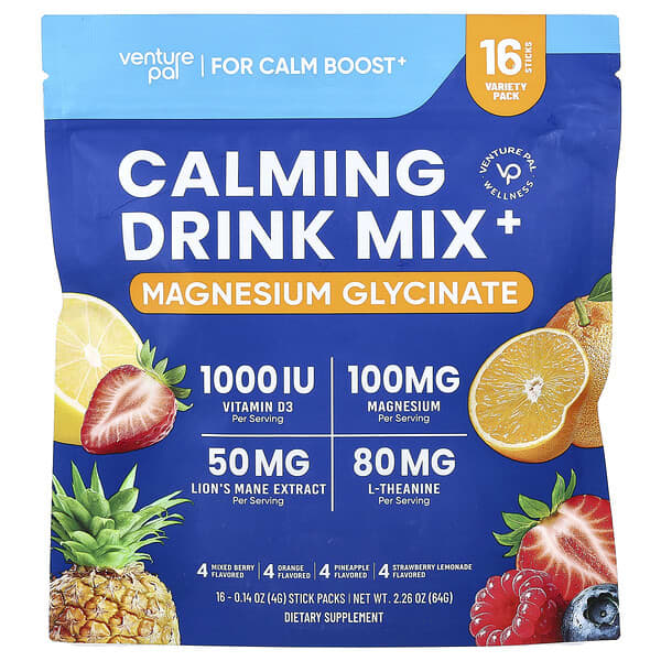 Venture Pal, Calming Drink Mix+, Magnesium Glycinate, Variety, 16 Stick Packs, 0.14 oz (4 g) Each