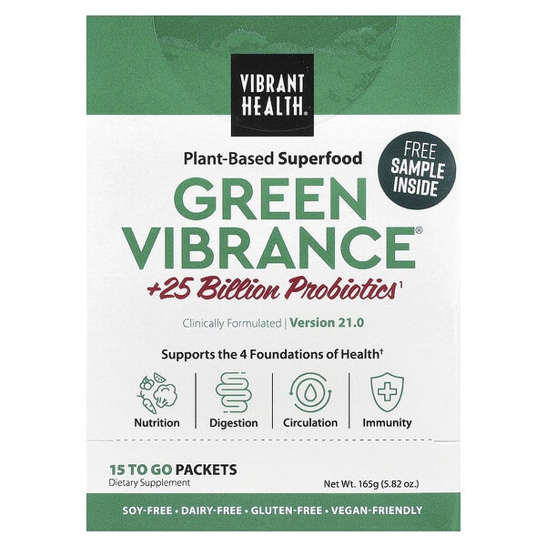 Vibrant Health, Green Vibrance® +25 Billion Probiotics, Version 21.0, 15 To Go Packets, 5.82 oz (165 g)