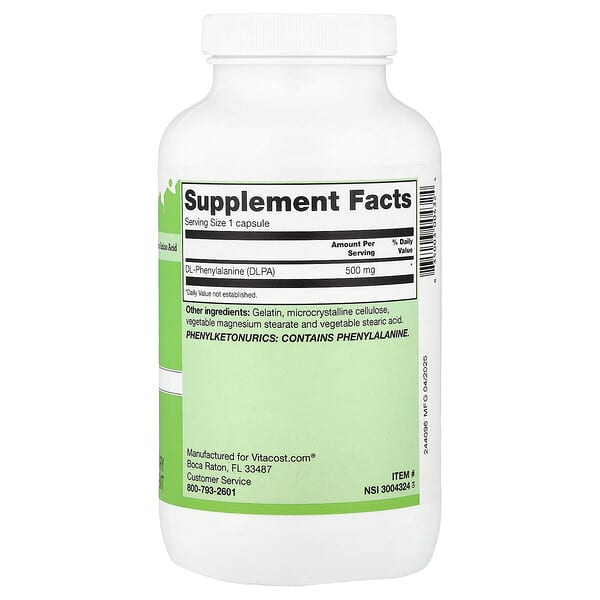 Alternative view of Vitacost, DLPA, DL-Phenylalanine, 500 mg, 300 Capsules