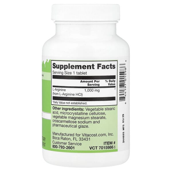 Alternative view of Vitacost, L-Arginine, 1,000 mg, 100 Tablets