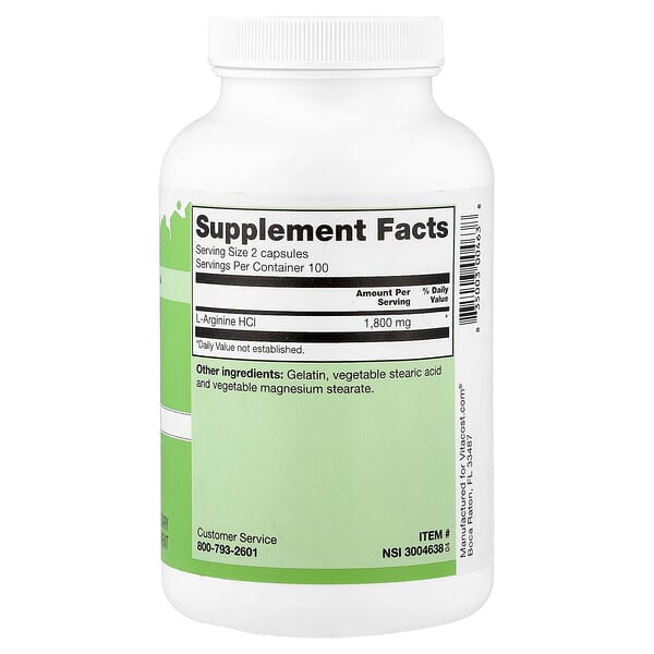 Alternative view of Vitacost, L-Arginine HCl, 200 Capsules (900 mg per Capsule)