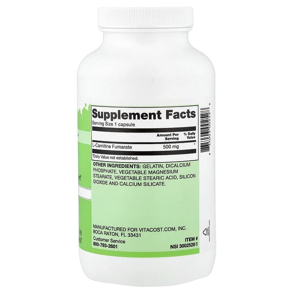 Vitacost, L-Carnitine Fumarate, 500 mg, 300 Capsules 2 Vitacost, L-Carnitine Fumarate, 500 mg, 300 Capsules - Ảnh 2