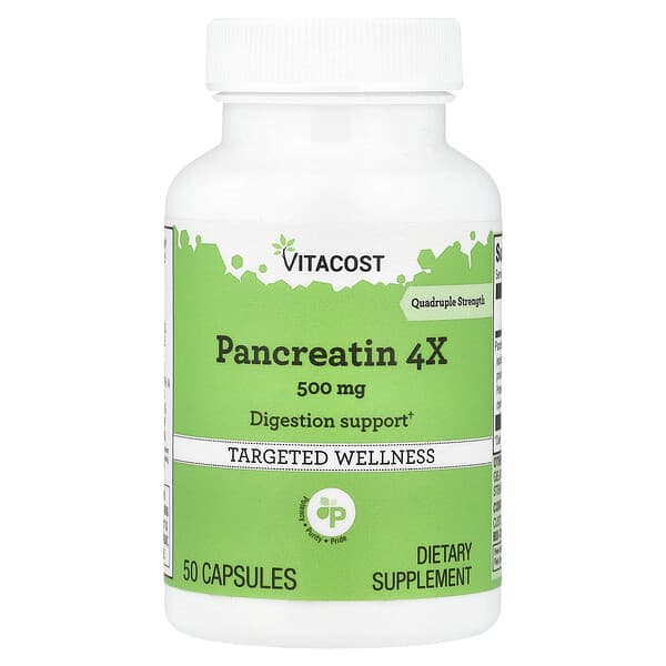 Vitacost, Pancreatin 4X, 500 mg, 50 Capsules