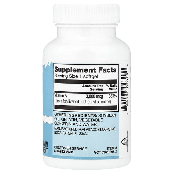 Alternative view of Vitacost, Vitamin A, 3,000 mcg (10,000 IU), 100 Softgels