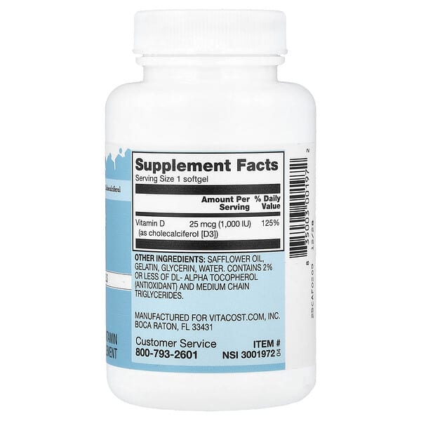 Alternative view of Vitacost, Vitamin D3, 25 mcg (1,000 IU), 200 Softgels