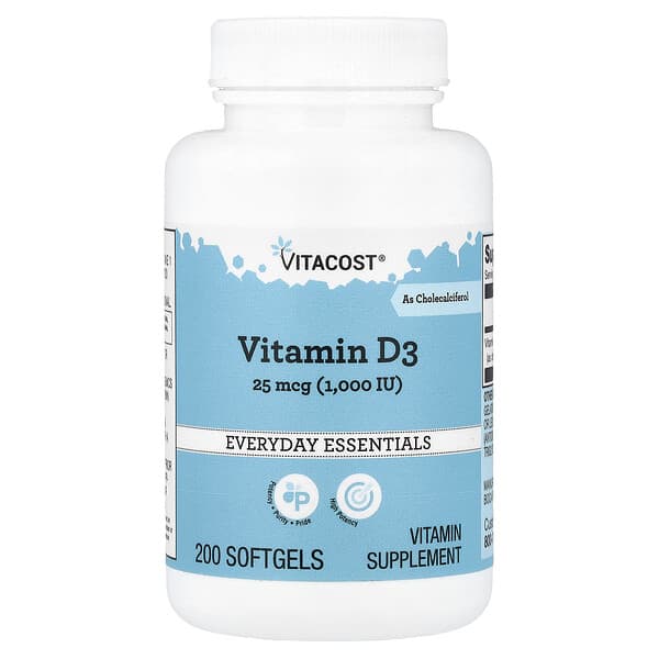 Vitacost, Vitamin D3, 25 mcg (1,000 IU), 200 Softgels