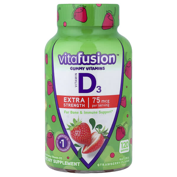 VitaFusion, Gummy Vitamins, Vitamin D3, Natural Strawberry, 75 mcg, 120 Gummies (37.5 mcg per Gummy)