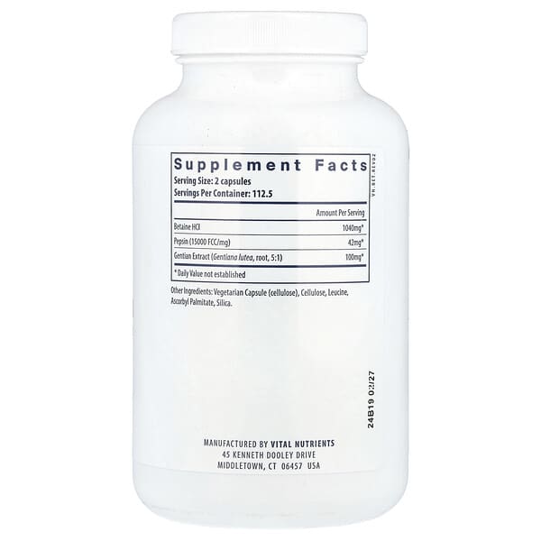 Alternative view of Vital Nutrients, Betaine HCl Pepsin with Gentian Root Extract, 225 Capsules