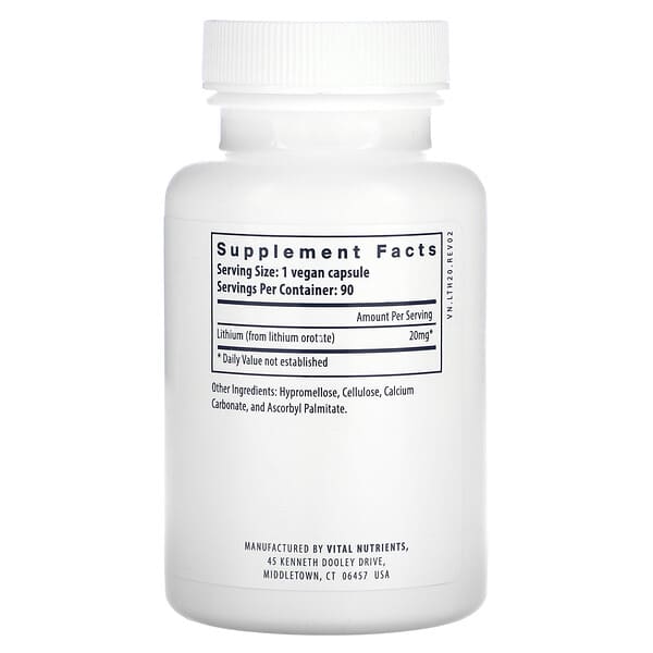 Alternative view of Vital Nutrients, Lithium , 20 mg , 90 Vegan Capsules