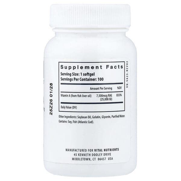 Alternative view of Vital Nutrients, Vitamin A, 7,500 mcg, 100 Softgels
