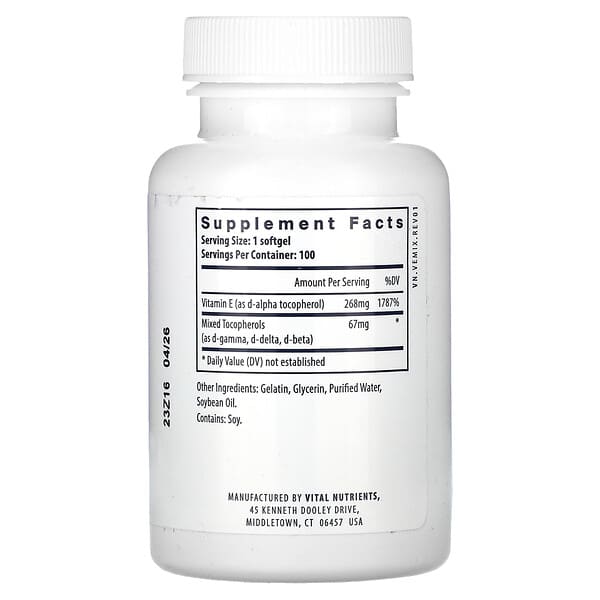 Alternative view of Vital Nutrients, Vitamin E With Mixed Tocopherols, 100 Softgels