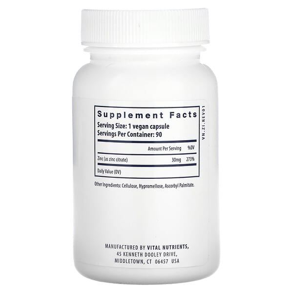 Alternative view of Vital Nutrients, Zinc (Citrate), 30 mg, 90 Vegan Capsules