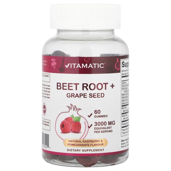 Vitamatic, Beet Root + Grape Seed Gummies, Natural Raspberry & Pomegranate, 60 Gummies