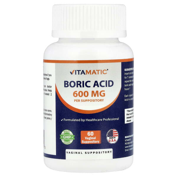 Vitamatic, Boric Acid, 600 mg, 60 Vaginal Suppositories