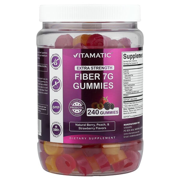 Vitamatic, Fiber Gummies, Natural Berry, Peach & Strawberry, 240 Gummies