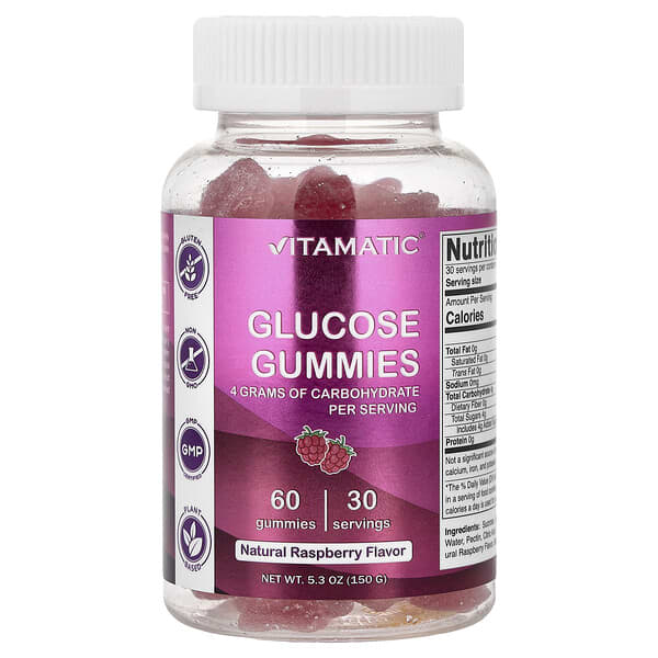 Vitamatic, Glucose Gummies, Natural Raspberry, 60 Gummies
