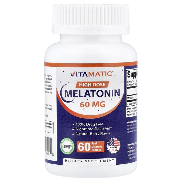 Vitamatic, High Dose Melatonin, Natural Berry, 60 mg, 60 Fast Dissolve Tablets