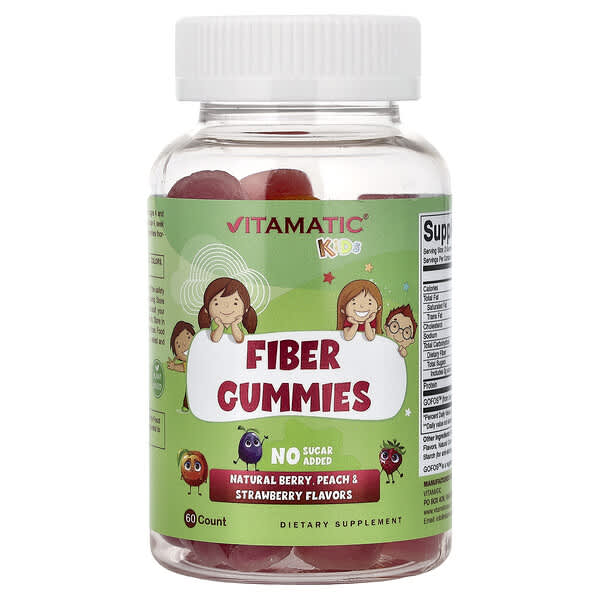 Vitamatic, Kids, Fiber Gummies, Natural Berry, Peach & Strawberry, 60 Gummies