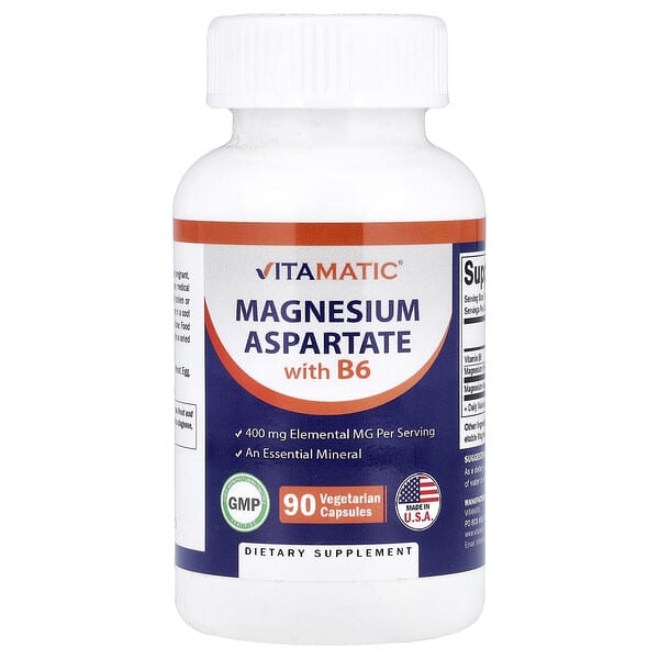 Vitamatic, Magnesium Aspartate with B6, 90 Vegetarian Capsules 3 Vitamatic, Magnesium Aspartate with B6, 90 Vegetarian Capsules