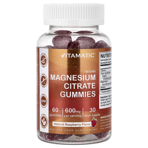 Vitamatic, Magnesium Citrate Gummies, Natural Raspberry, 60 Gummies