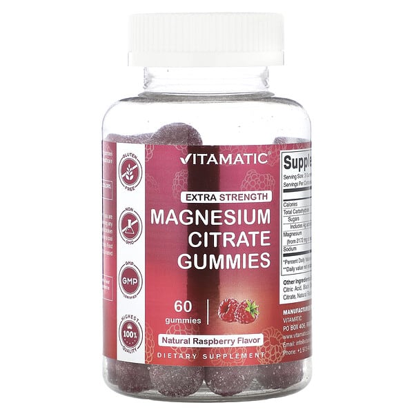 Vitamatic, Magnesium Citrate Gummies, Natural Raspberry, 60 Gummies