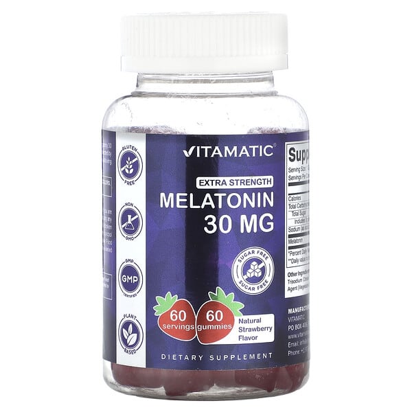 Vitamatic, Melatonin Gummies, Natural Strawberry, 30 mg, 60 Gummies