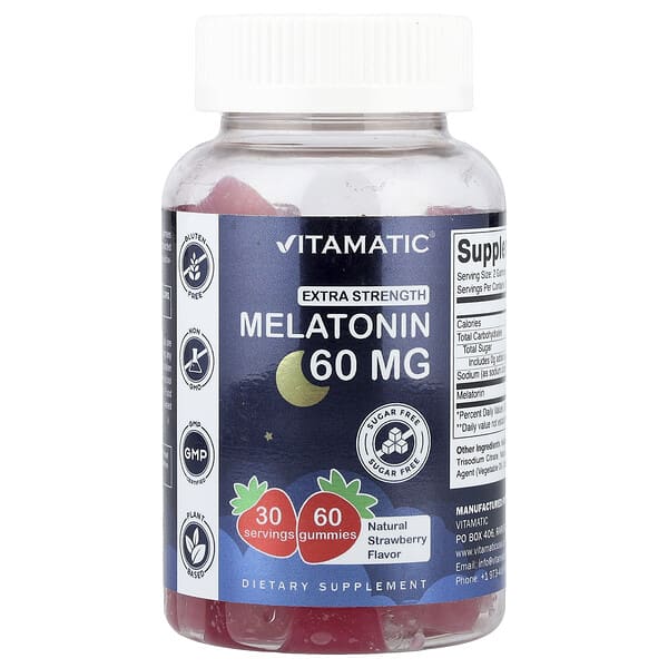Vitamatic, Melatonin Gummies, Natural Strawberry, Sugar Free, 60 mg, 60 Gummies