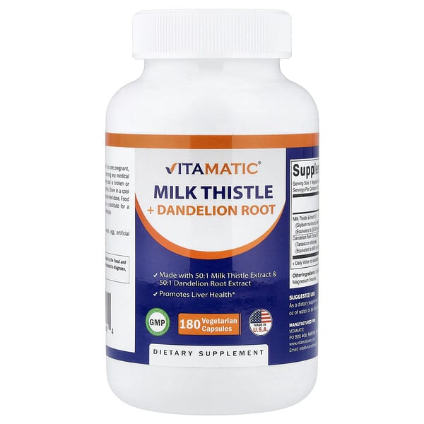 Vitamatic, Milk Thistle + Dandelion Root, 180 Vegetarian Capsules