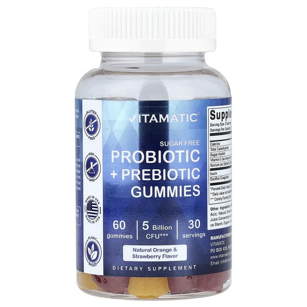 Vitamatic, Probiotic + Prebiotic Gummies, Sugar Free, Natural Orange & Strawberry, 60 Gummies (2.5 Billion CFU per Gummy)