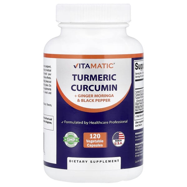 Vitamatic, Turmeric Curcumin + Ginger Moringa & Black Pepper, 120 Vegetable Capsules
