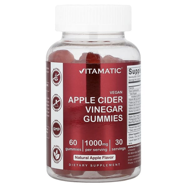 Vitamatic, Vegan Apple Cider Vinegar Gummies, Natural Apple, 60 Gummies