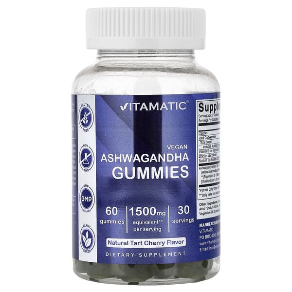 Vitamatic, Vegan Ashwagandha Gummies, Natural Tart Cherry, 60 Gummies 3 Vitamatic, Vegan Ashwagandha Gummies, Natural Tart Cherry, 60 Gummies