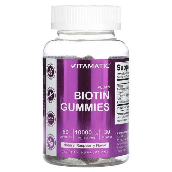 Vitamatic, Vegan Biotin Gummies, Natural Raspberry, 60 Gummies