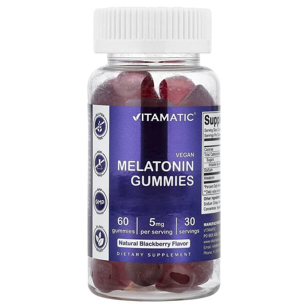 Vitamatic, Vegan Melatonin Gummies, Natural Blackberry, 60 Gummies (2.5 mg per Gummies)