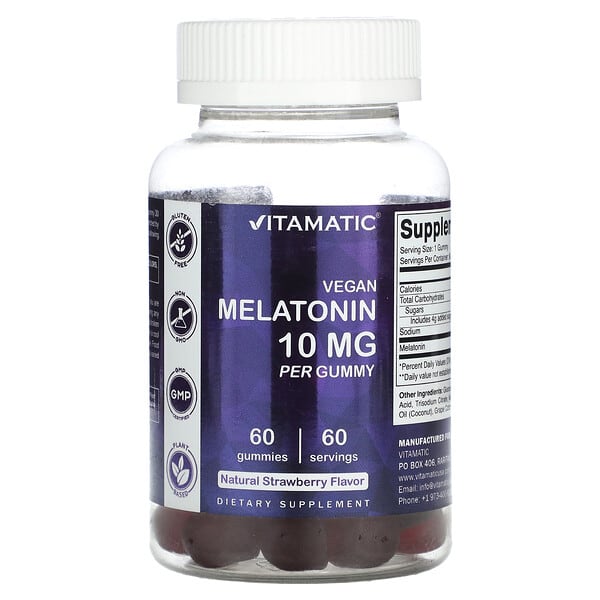 Vitamatic, Vegan Melatonin Gummies, Natural Strawberry, 10 mg, 60 Gummies