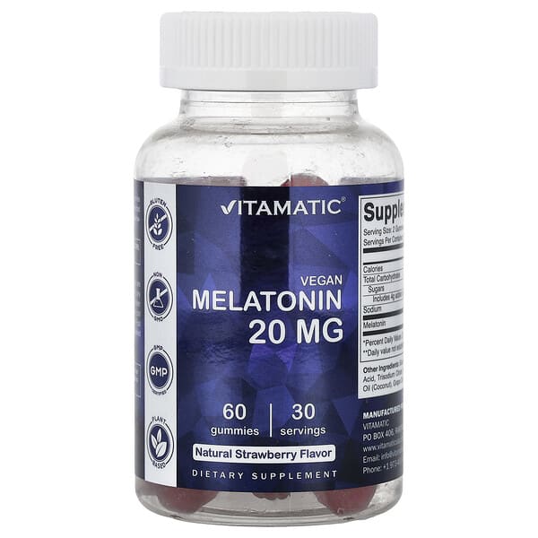 Vitamatic, Vegan Melatonin Gummies, Natural Strawberry, 60 Gummies (10 mg per Gummy)